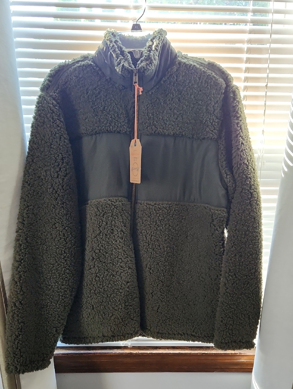 Weatherproof Olive Green Sherpa Jacket with Woven Yoke